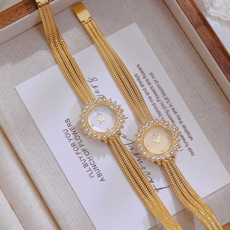 Orologio da polso analogico da donna BS Bee Sister FA1833 con bracciale, lunetta vintage con strass floreali e cinturino in maglia intrecciata.