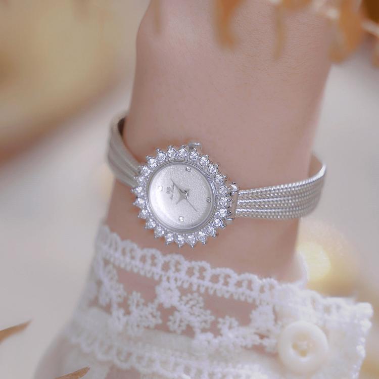 Orologio da polso analogico da donna BS Bee Sister FA1833 con bracciale, lunetta vintage con strass floreali e cinturino in maglia intrecciata.