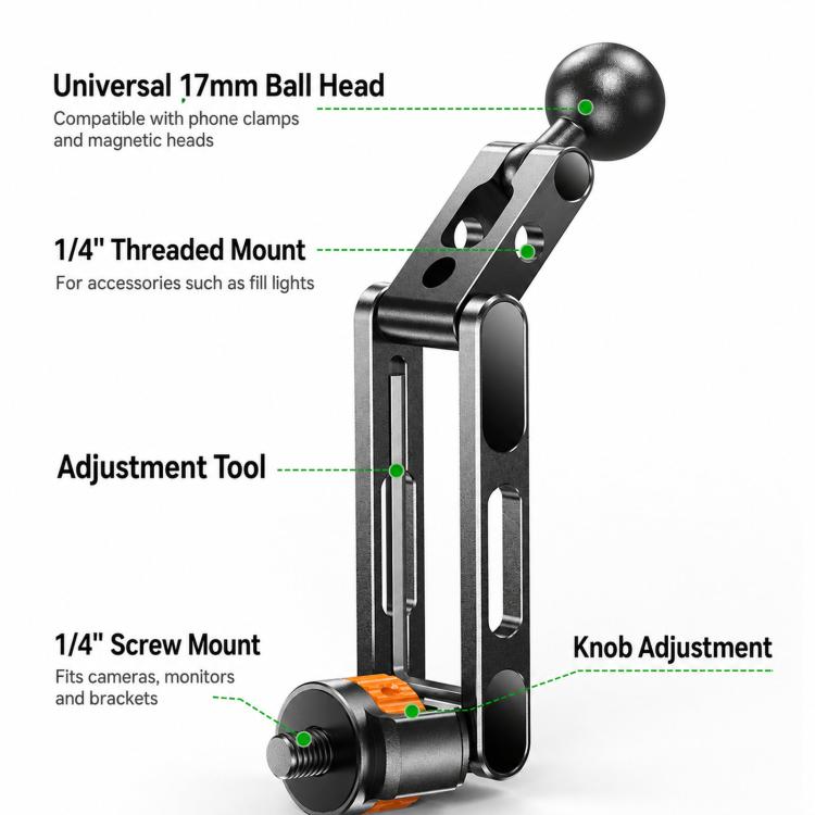 Attacco per treppiede con vite da 1/4 di pollice per fotocamere, monitor e luci ad anello., Magnetic Mount, Tension Phone Clamp, 17mm Ball Joint Base Only