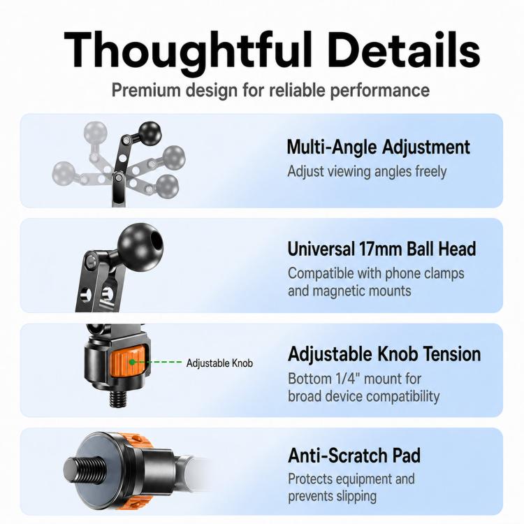 Attacco per treppiede con vite da 1/4 di pollice per fotocamere, monitor e luci ad anello., Magnetic Mount, Tension Phone Clamp, 17mm Ball Joint Base Only