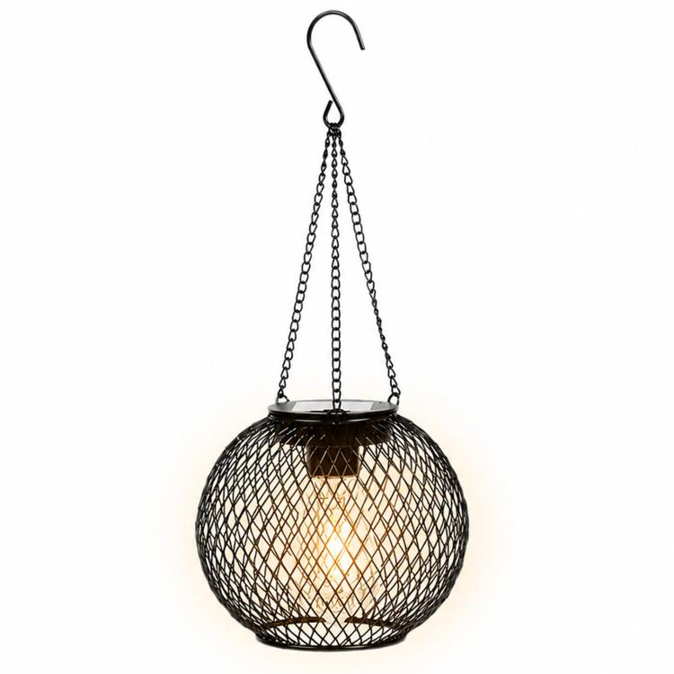 Lanterna solare sospesa per esterni, luci decorative da giardino in metallo, lampade calde da appendere agli alberi., Black Mesh Ball, Round Cage, Cylindrical Cage