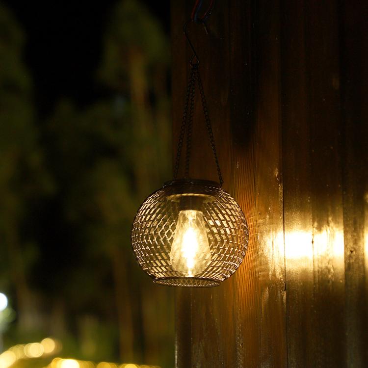 Lanterna solare sospesa per esterni, luci decorative da giardino in metallo, lampade calde da appendere agli alberi., Black Mesh Ball, Round Cage, Cylindrical Cage