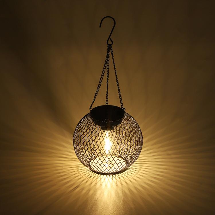 Lanterna solare sospesa per esterni, luci decorative da giardino in metallo, lampade calde da appendere agli alberi., Black Mesh Ball, Round Cage, Cylindrical Cage