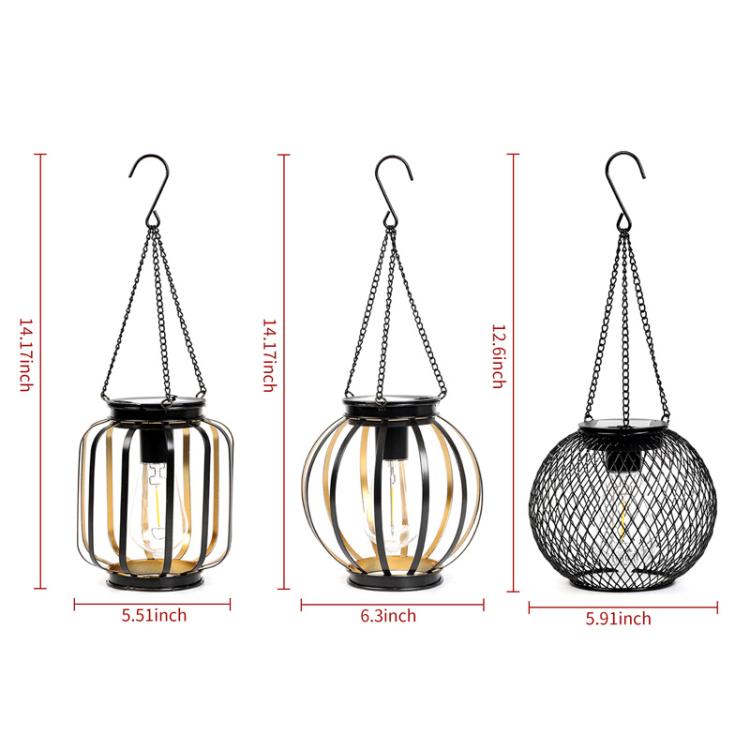 Lanterna solare sospesa per esterni, luci decorative da giardino in metallo, lampade calde da appendere agli alberi., Black Mesh Ball, Round Cage, Cylindrical Cage