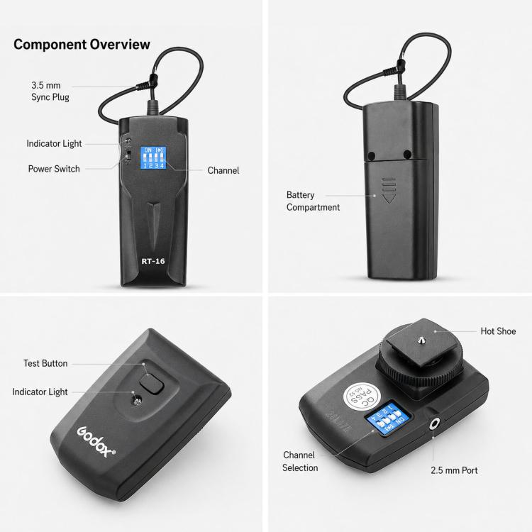 Trigger flash Godox RT16 per studio fotografico, fotocamera DSLR, controllo remoto e sincronizzazione wireless., Transmitter, Receiver, Transmitter+Receiver, Transmitter+2 Receiver, Transmitter+3 Receiver