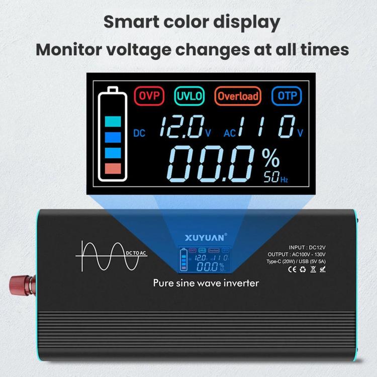 Inverter a onda sinusoidale pura XUYUAN da 12V/24V a 110V, spina USA, 800W, 1400W, 2000W, 3000W