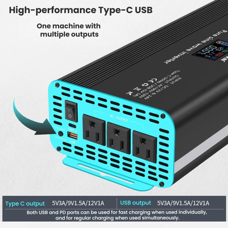 Inverter a onda sinusoidale pura XUYUAN da 12V/24V a 110V, spina USA, 800W, 1400W, 2000W, 3000W
