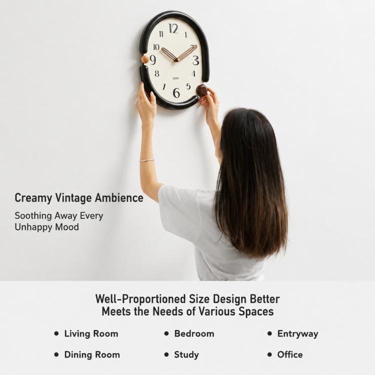 wozoom Orologio da parete ovale retrò, silenzioso, decorativo, al quarzo, Minimalist Black, 3D Design Aluminum Hands Brown, 3D Design Aluminum Hands Black, 3D Design Wooden Hands Black, 3D Design Wooden Hands Brown, 3D Design Wooden Hands Red          ...
