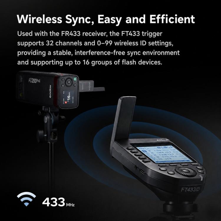 Set da 2 pezzi con sistema di attivazione ad alta velocità per flash DSLR, trasmettitore e ricevitore per slitta a caldo., Godox FT433 C For Canon Version, Godox FT433 N Nikon Version, Godox FT433 S Sony Version