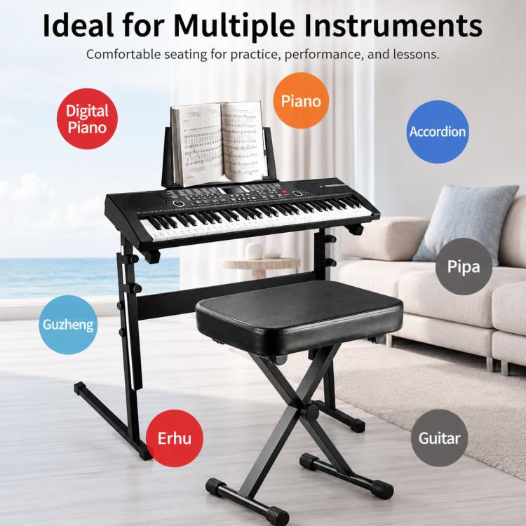 Sgabello per pianoforte pieghevole, portatile e regolabile in altezza, singolo, a forma di X.