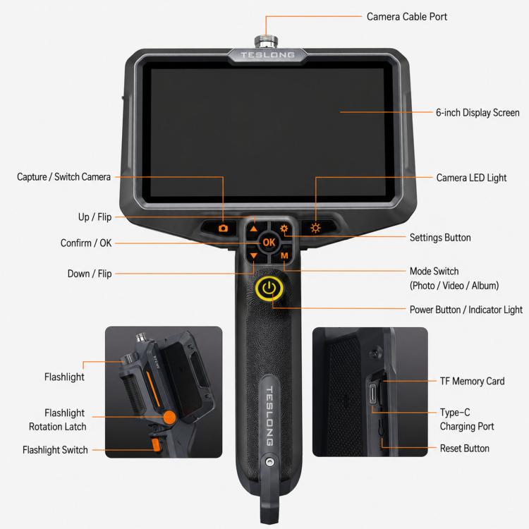 Telecamera di ispezione endoscopica industriale TESLONG NTS600 con ampio schermo HD da 6 pollici e grado di protezione IP67., NTS600