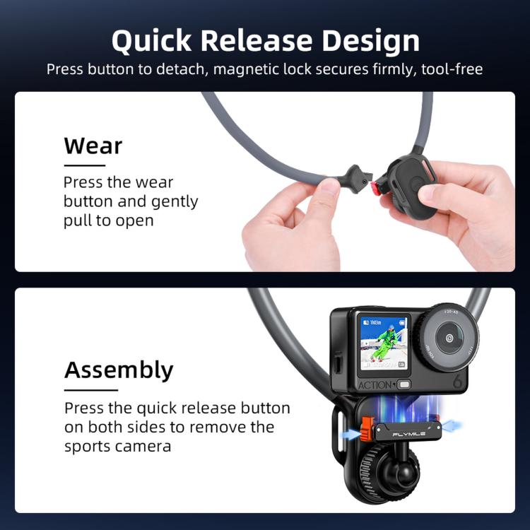 Flymile - Scatto in prima persona - Supporto per il collo magnetico a sgancio rapido, For DJI Osmo Action 3 / 4 / 5 Pro / 6, For Insta360 Ace / Ace Pro 2 / X5, Universal Action Camera Two-Claw
