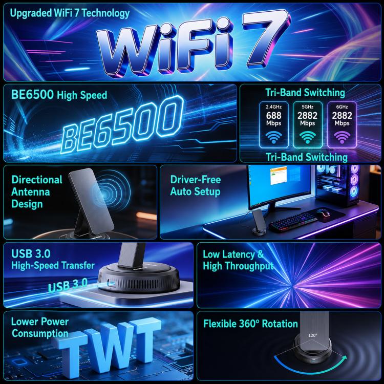 Adattatore USB WiFi 7 tri-band 6452Mbps COMFAST CF-986BE PRO BE6500, CF-986BE PRO
