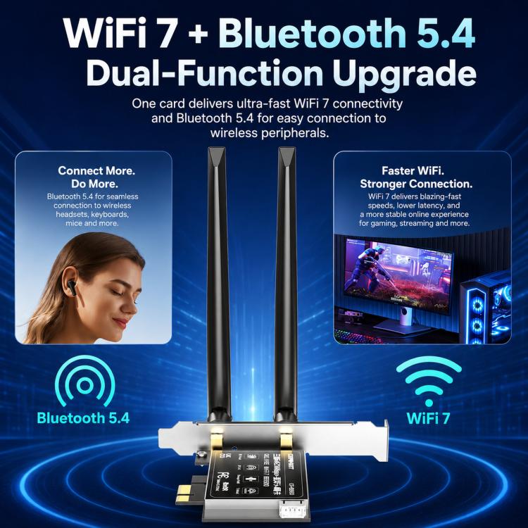 Adattatore wireless desktop COMFAST CF-BE650 Tri-Band 6500Mbps WiFi 7 PCIe con Bluetooth 5.4, CF-BE650