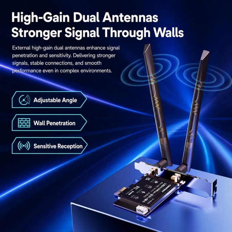 Adattatore wireless desktop COMFAST CF-BE650 Tri-Band 6500Mbps WiFi 7 PCIe con Bluetooth 5.4, CF-BE650