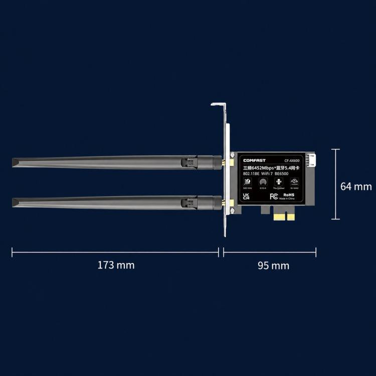 Adattatore wireless desktop COMFAST CF-BE650 Tri-Band 6500Mbps WiFi 7 PCIe con Bluetooth 5.4, CF-BE650