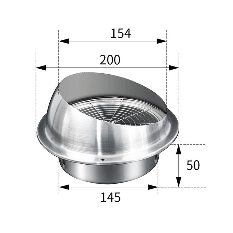 Cappa aspirante in acciaio inox integrata nel piano cottura con griglia di protezione contro uccelli e topi., 150mm, 160mm, 180mm, 190mm, 200mm