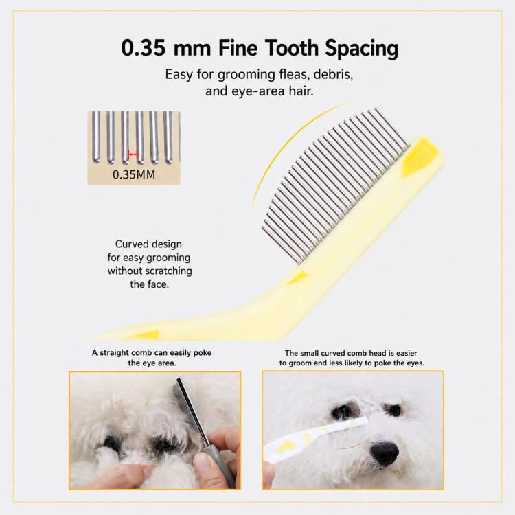 Mini pettine per viso e occhi di animali domestici, denti fini da 0,35 mm, pettine antipulci con perni di sicurezza curvi in metallo.
