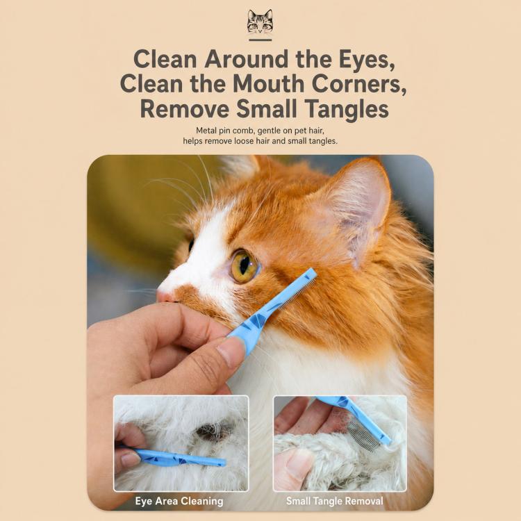 Mini pettine per viso e occhi di animali domestici, denti fini da 0,35 mm, pettine antipulci con perni di sicurezza curvi in metallo.