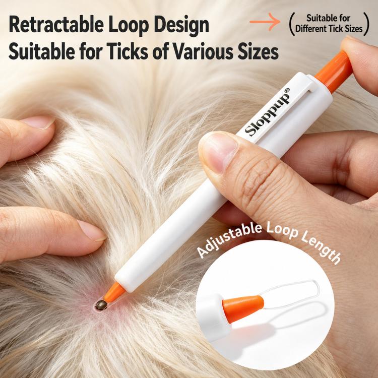 Sloppup Rimuovi zecche retrattile a forma di lazo, sicuro e senza sostanze chimiche, per cani e gatti., Orange White