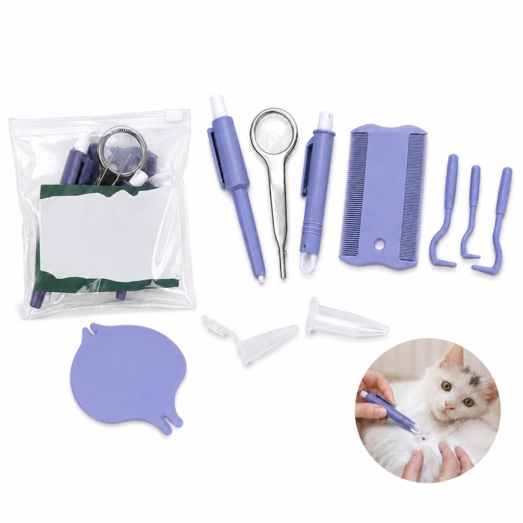 Kit per la rimozione delle zecche dagli animali domestici, composto da 10 pezzi, con lente d'ingrandimento, pinzette, penna a lazo e pettine per pulci., 10-Piece Kit