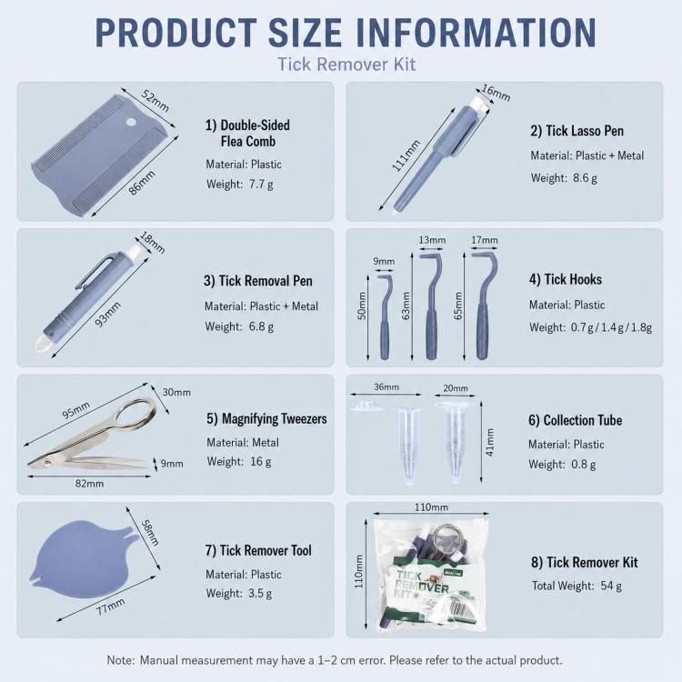 Kit per la rimozione delle zecche dagli animali domestici, composto da 10 pezzi, con lente d'ingrandimento, pinzette, penna a lazo e pettine per pulci., 10-Piece Kit