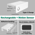 Lampada notturna a LED ricaricabile 2 in 1 con sensore di movimento e supporto per telefono, ideale per il bagno.