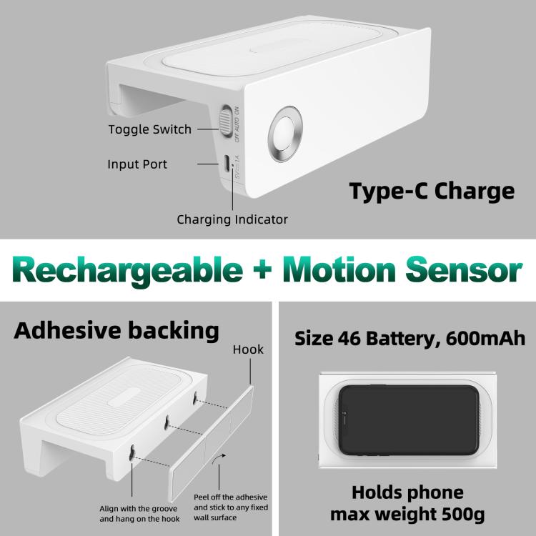 Lampada notturna a LED ricaricabile 2 in 1 con sensore di movimento e supporto per telefono, ideale per il bagno.