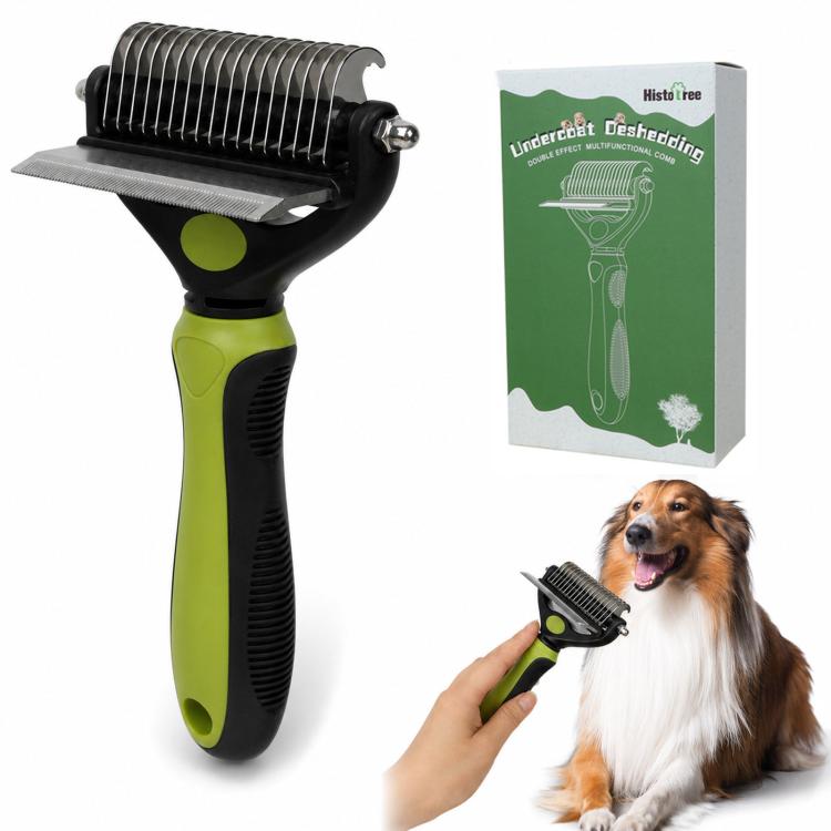 HistoTree Pettine districante 2 in 1 per animali domestici e rastrello per la rimozione del sottopelo, con lame curve a doppia faccia, strumento districante sicuro
