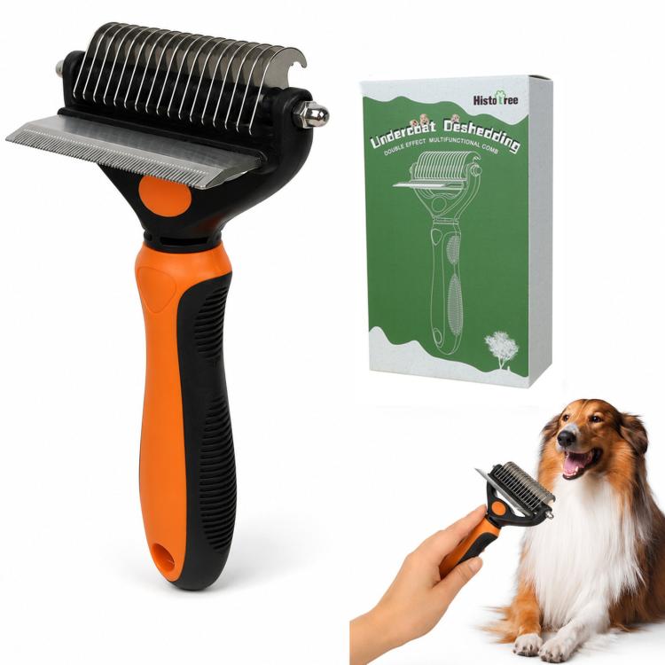 HistoTree Pettine districante 2 in 1 per animali domestici e rastrello per la rimozione del sottopelo, con lame curve a doppia faccia, strumento districante sicuro