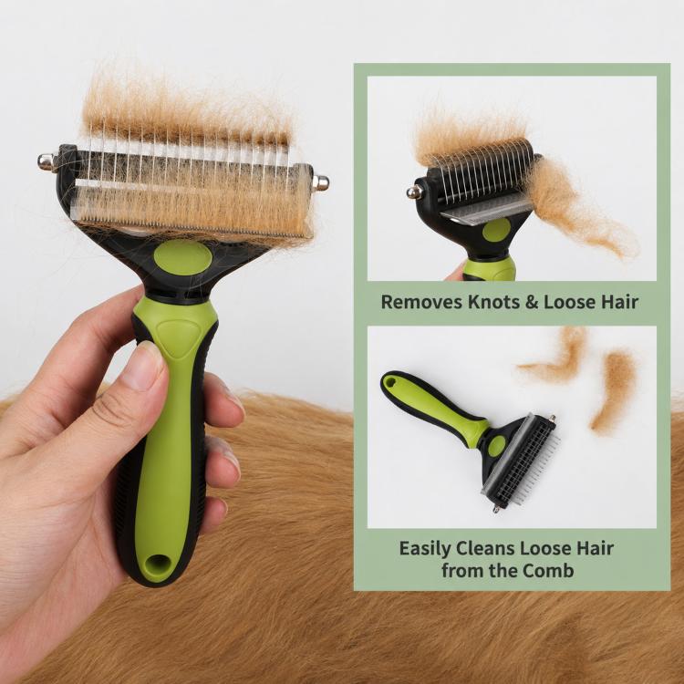 HistoTree Pettine districante 2 in 1 per animali domestici e rastrello per la rimozione del sottopelo, con lame curve a doppia faccia, strumento districante sicuro