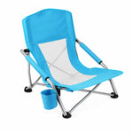 Sedia da spiaggia pieghevole, ideale per picnic, campeggio e relax su prato, con schienale in rete traspirante e portabicchiere.