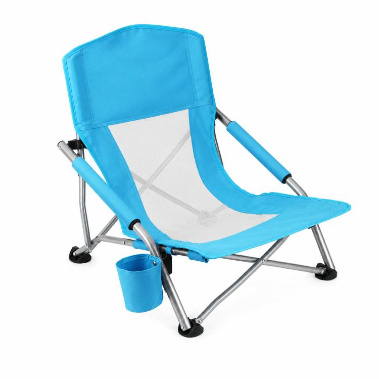 Sedia da spiaggia pieghevole, ideale per picnic, campeggio e relax su prato, con schienale in rete traspirante e portabicchiere.
