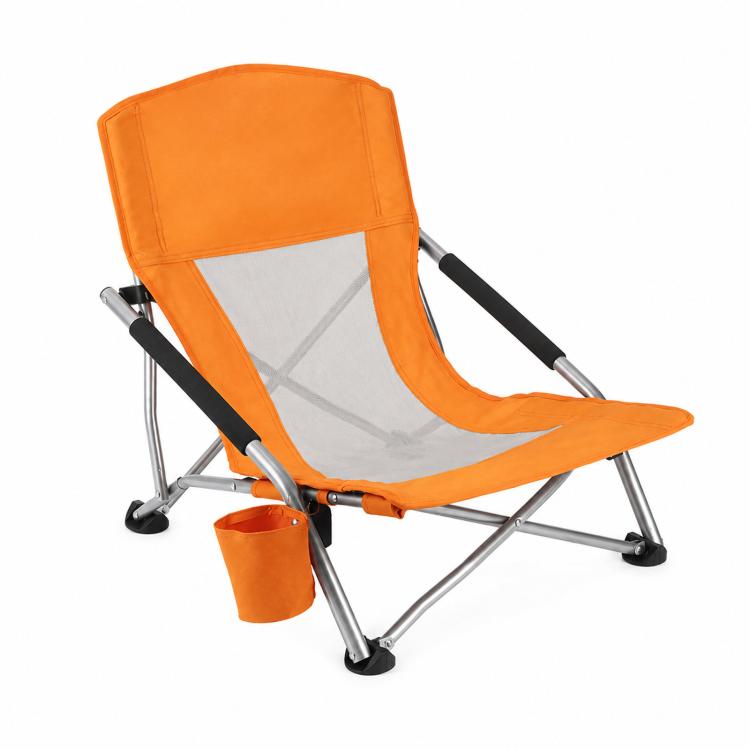 Sedia da spiaggia pieghevole, ideale per picnic, campeggio e relax su prato, con schienale in rete traspirante e portabicchiere.