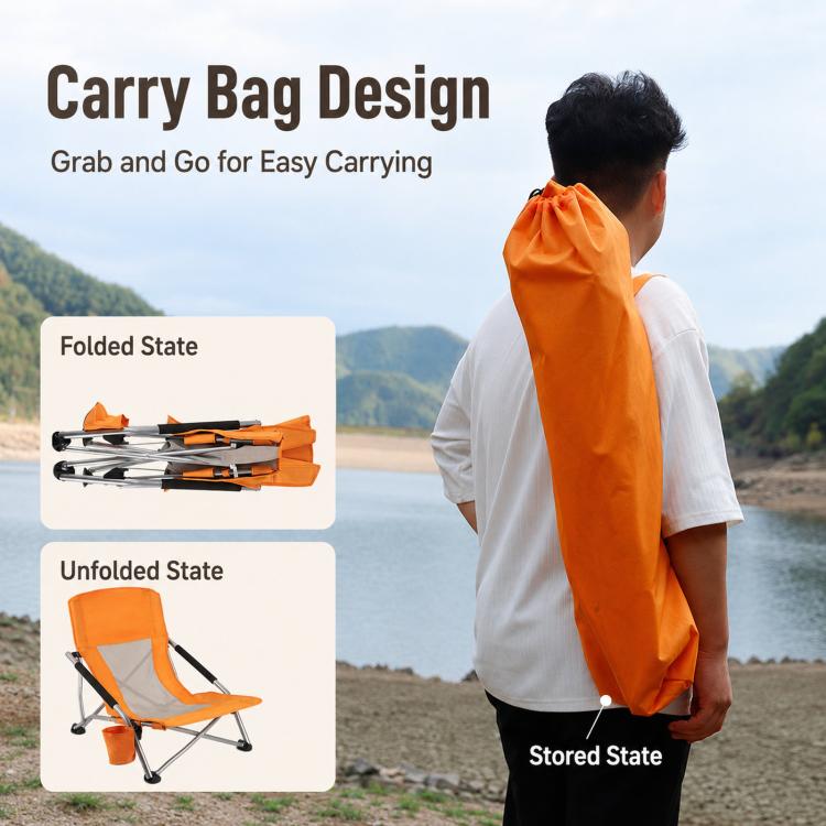 Sedia da spiaggia pieghevole, ideale per picnic, campeggio e relax su prato, con schienale in rete traspirante e portabicchiere.