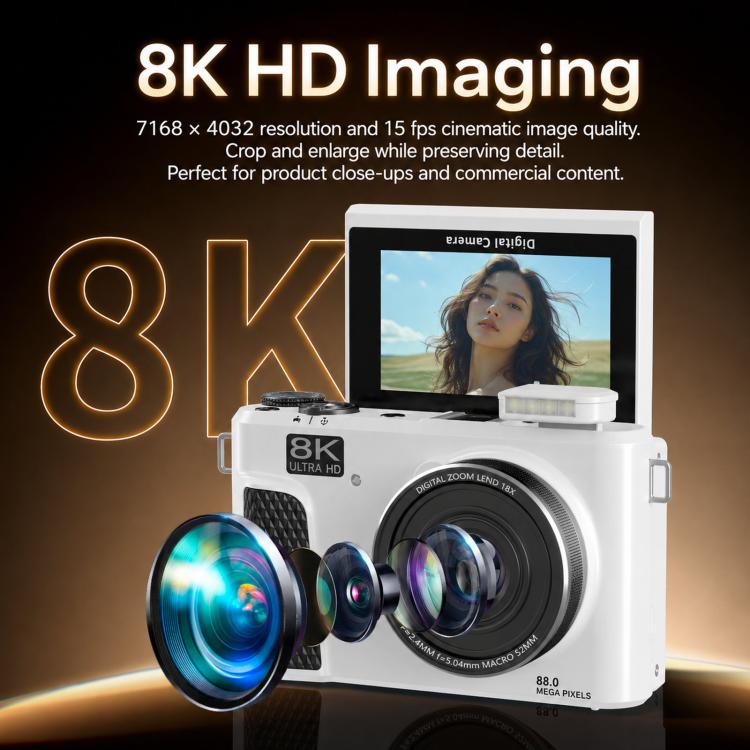 Videocamera digitale 8K con schermo IPS da 3 pollici, zoom 18x, autofocus, Wi-Fi e fotocamera micro, White No Memory Card, Black No Memory Card, Pink No Memory Card, White 32GB Memory Card+USB Card Reader, Black 32GB Memory Card+USB Card Reader        ...