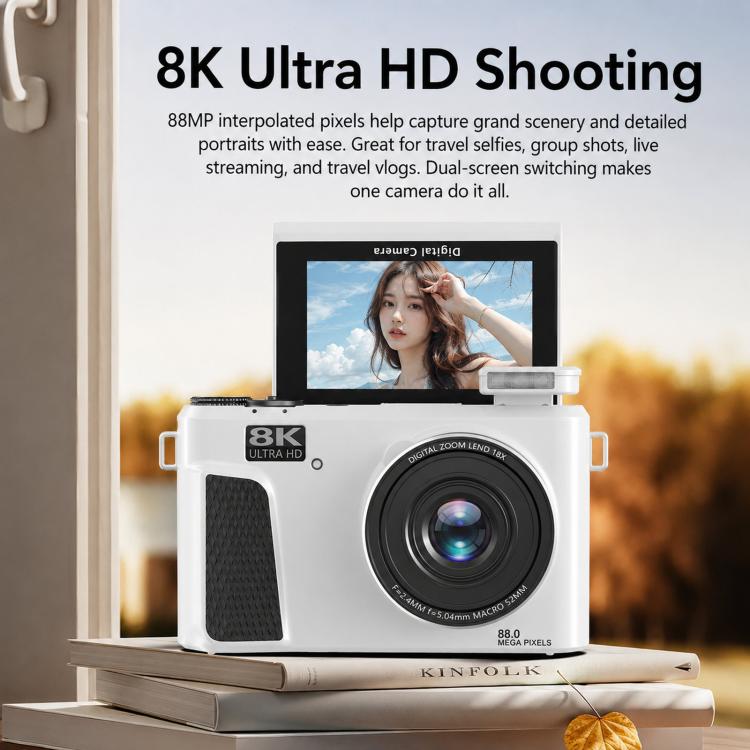 Videocamera digitale 8K con schermo IPS da 3 pollici, zoom 18x, autofocus, Wi-Fi e fotocamera micro, White No Memory Card, Black No Memory Card, Pink No Memory Card, White 32GB Memory Card+USB Card Reader, Black 32GB Memory Card+USB Card Reader        ...