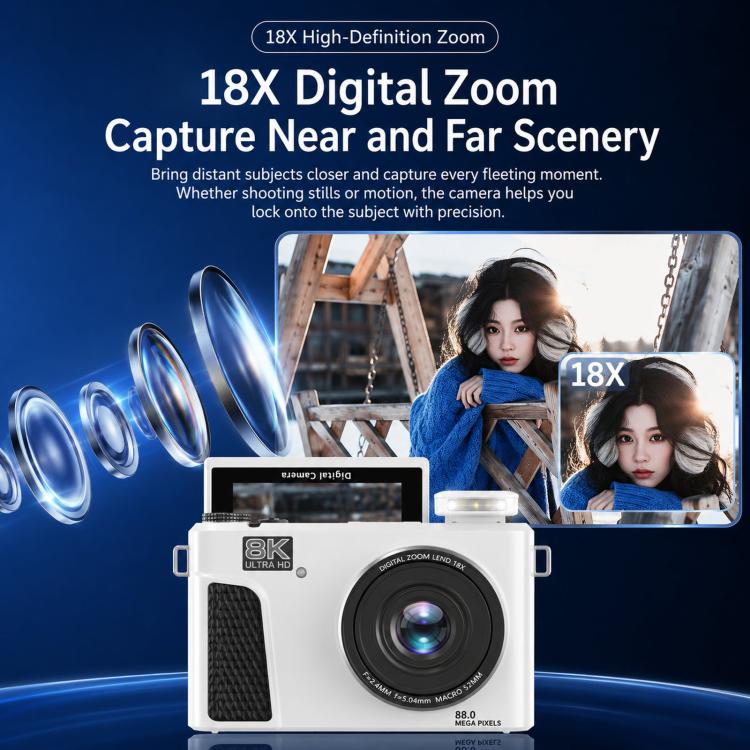 Videocamera digitale 8K con schermo IPS da 3 pollici, zoom 18x, autofocus, Wi-Fi e fotocamera micro, White No Memory Card, Black No Memory Card, Pink No Memory Card, White 32GB Memory Card+USB Card Reader, Black 32GB Memory Card+USB Card Reader        ...