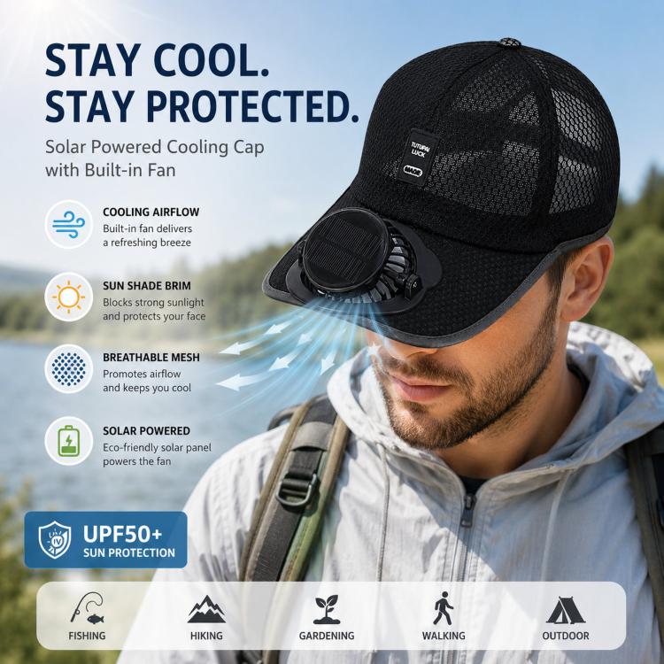 Cappello con ventilatore solare a 3 velocità regolabile, ricaricabile, parasole, visiera da baseball traspirante in rete