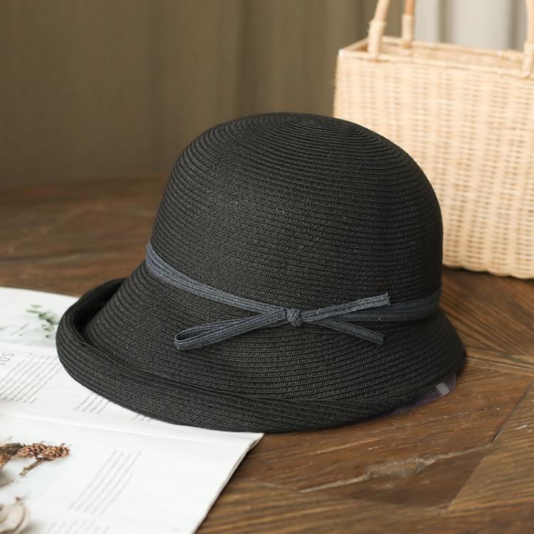 Cappello da sole vintage in paglia da donna, pieghevole, stile retrò, modello cloche con fiocco in nastro, regolabile, estivo, da spiaggia.