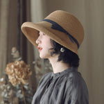 Cappello da sole vintage in paglia da donna, pieghevole, stile retrò, modello cloche con fiocco in nastro, regolabile, estivo, da spiaggia.