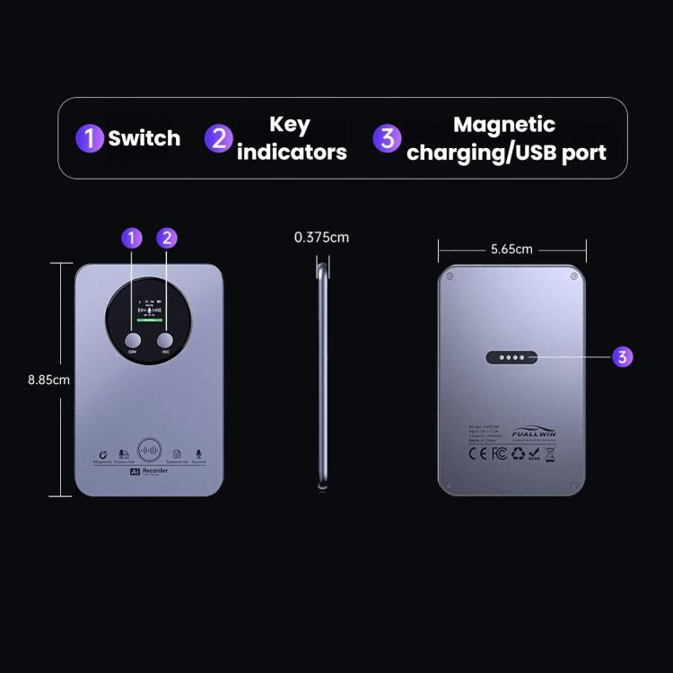 Registratore vocale con smart card AI FW922H per riunioni in ufficio, riconoscimento di 152 lingue, fissaggio magnetico., FW922H