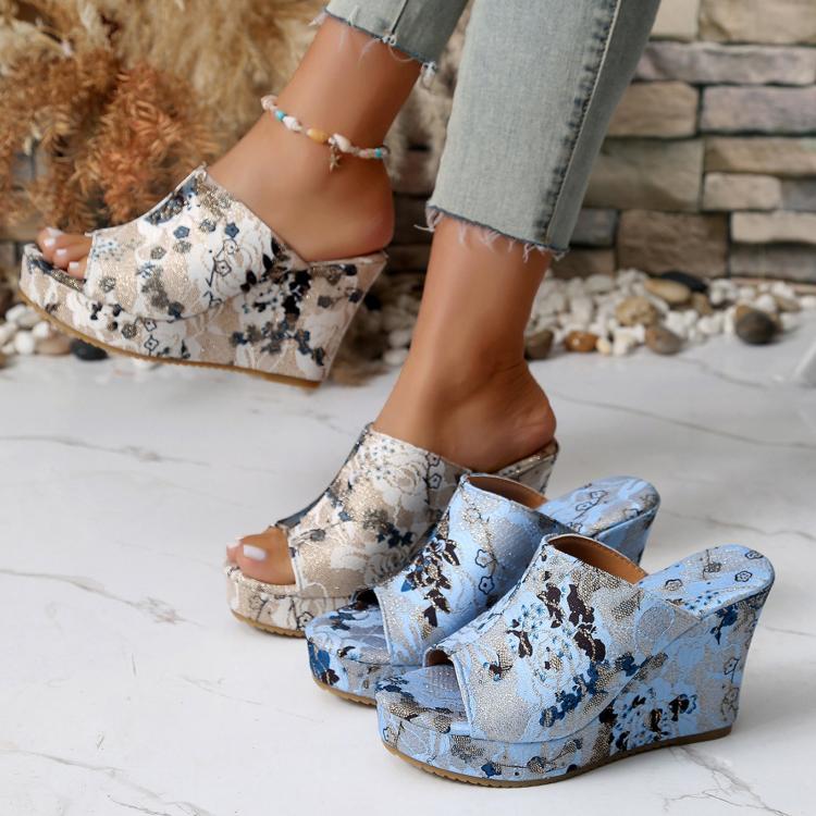 Sandali donna con zeppa 10 cm motivo floreale