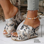 Sandali donna con zeppa 10 cm motivo floreale