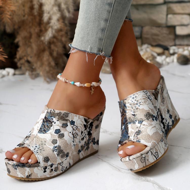 Sandali donna con zeppa 10 cm motivo floreale