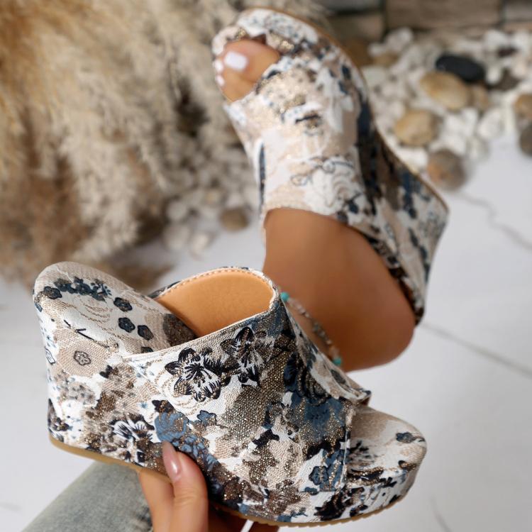 Sandali donna con zeppa 10 cm motivo floreale