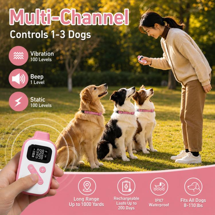 Collare per addestramento cani PaiPaitek con telecomando, portata 1000 m, impermeabile IPX7, collare antiurto., PD 523-1 Pink, PD 523-1 Orange, PD 523-2 Pink, PD 523-3 Pink