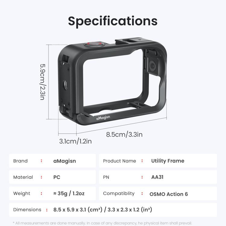 Gabbia protettiva per fotocamera DJI OSMO Action 6 aMaginsn Utility Frame con attacco a slitta e foro filettato da 1/4 di pollice.