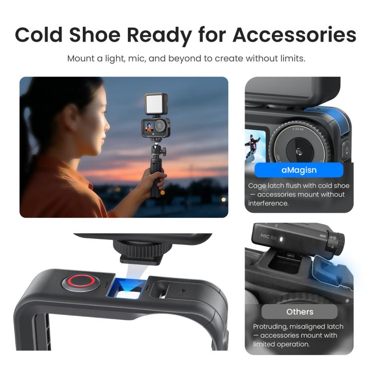 Gabbia protettiva per fotocamera DJI OSMO Action 6 aMaginsn Utility Frame con attacco a slitta e foro filettato da 1/4 di pollice.