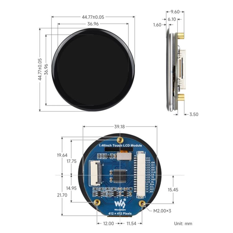 Modulo display LCD touch da 1,46 pollici Waveshare con risoluzione 412 × 412, 16,7 milioni di colori e interfacce di comunicazione QSPI e I2C., 34955